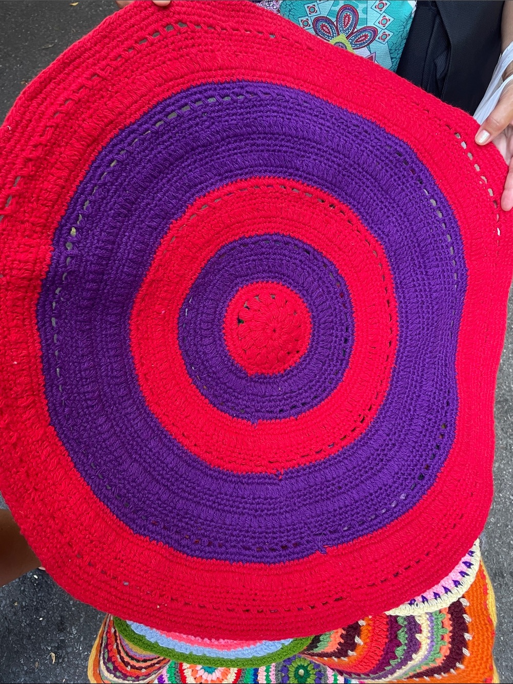 Multicolored knitted ( wool yarn) rug/mandala🌈💗🌸